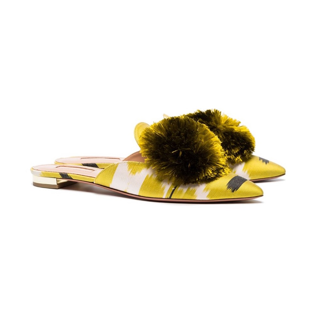 Size 41 - Aquazzura Powder Puff Pompom Lime Green/Yellow Mules